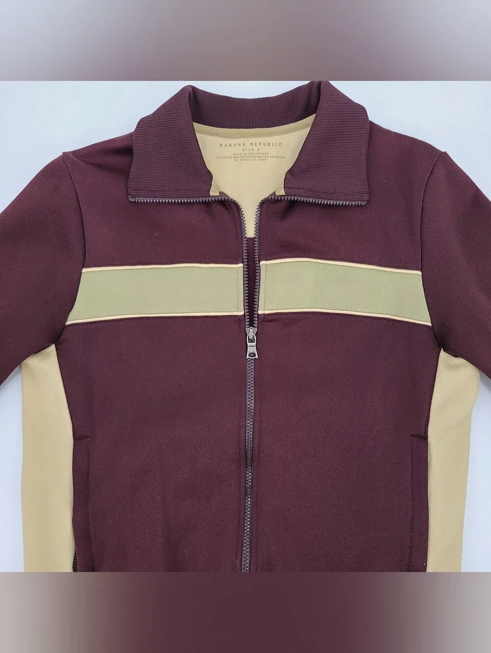 Y2K 2004 Banana Republic Maroon and Beige Fleece Zip Track Jacket Size Small